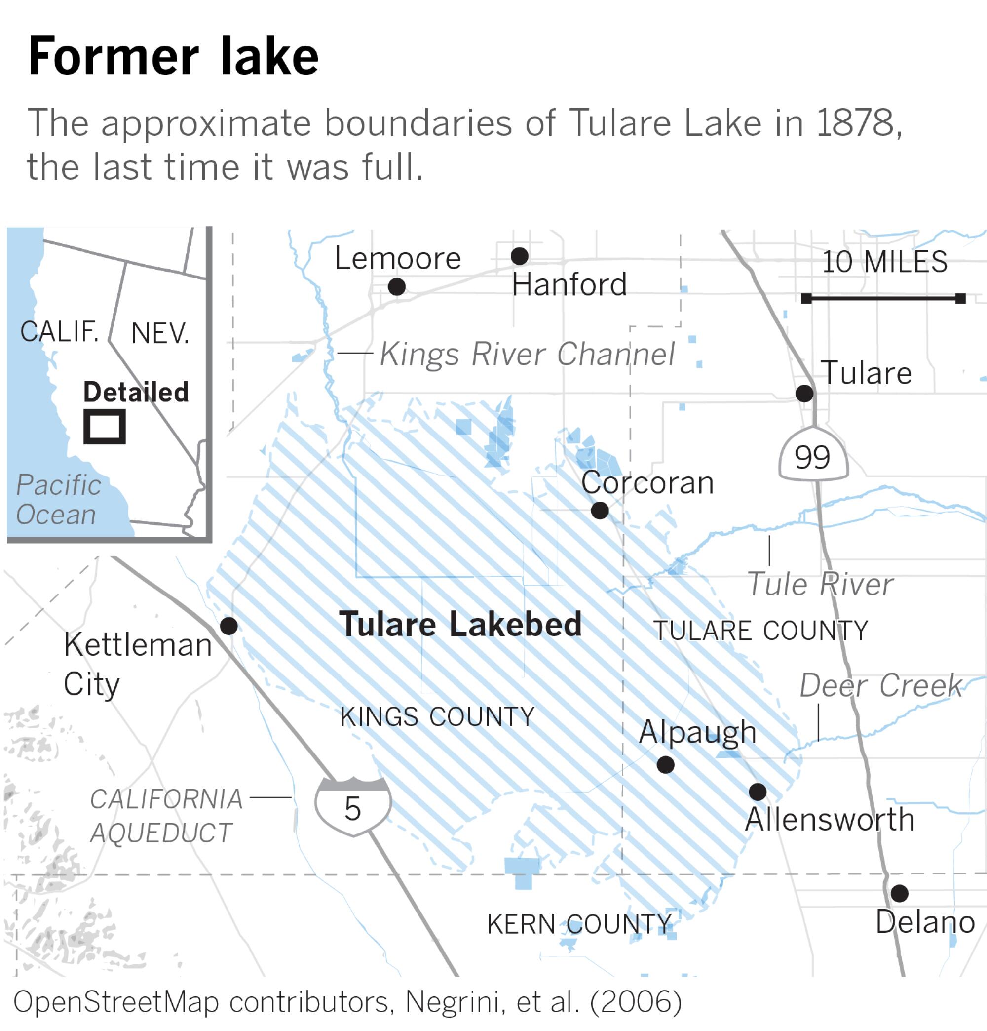 Approx. boundaries of Tulare Lake, between Interstate 5 and Highway 99 in the southern San Joaquin Valley.
