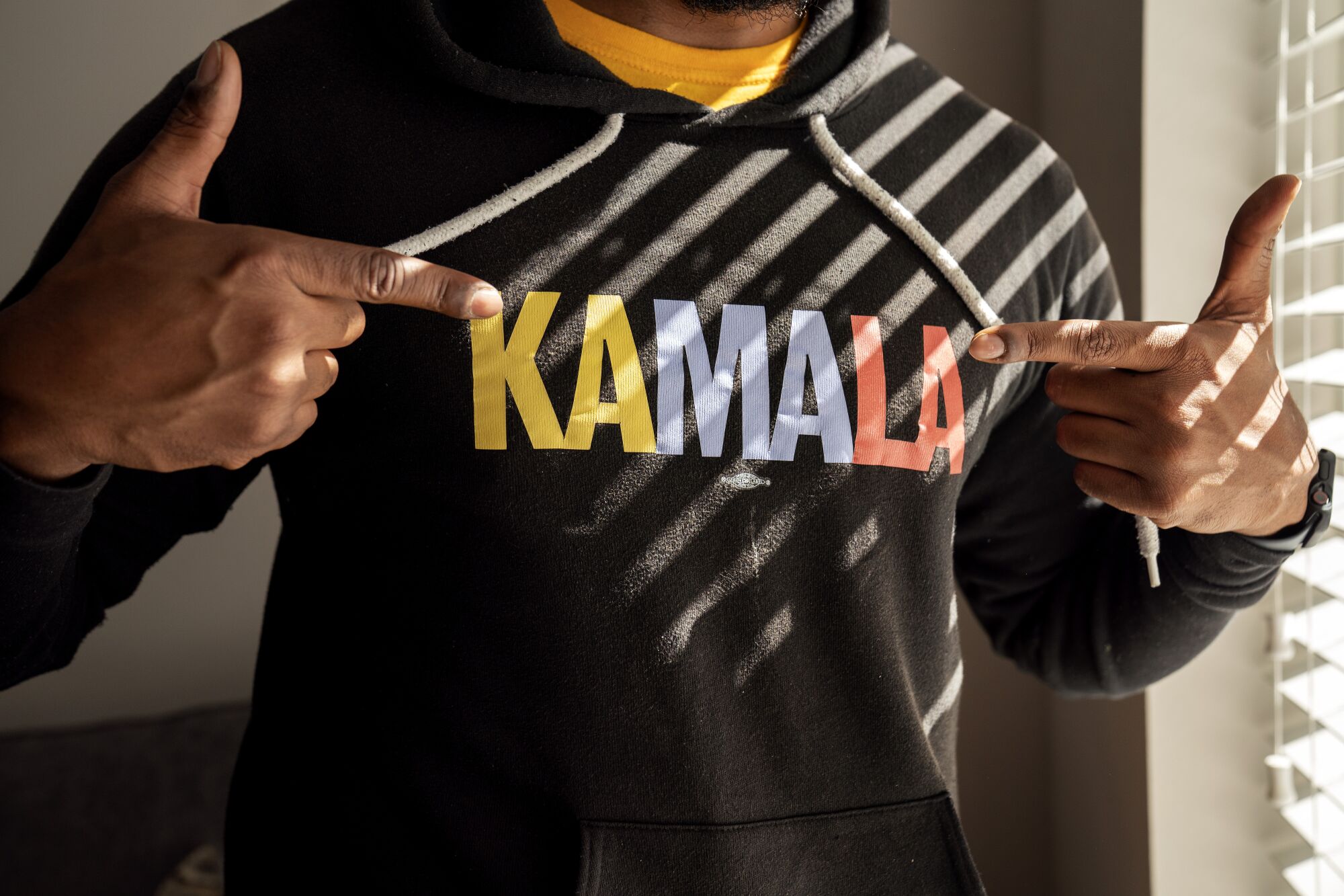 Closeup of "Kamala" hoodie.