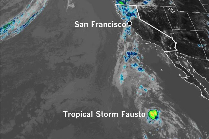 Moisture plume from Tropical Storm Fausto streaming toward Northern California is seen in a satellite image from noon Sunday.
