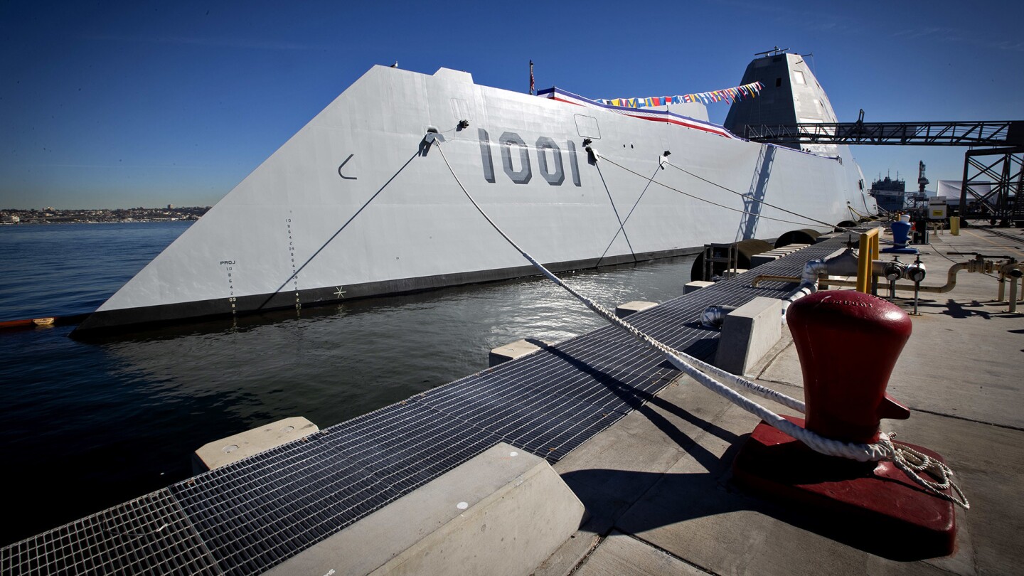 The Michael Monsoor, a Zumwalt-class destroyer, is docked in the San Diego Harbor at Naval Air Station North Island in Coronado Island, Calif.