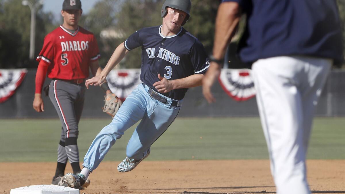 Corona del Mar High's Alex Rosen (3) rounds third base before scoring for the Pacific Coast League against South Coast during the Ryan Lemmon Senior Showcase at Windrow Community Park in Irvine on Saturday, June 9.