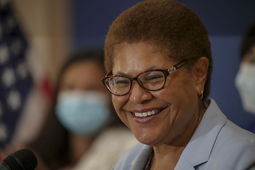 Los Angeles, CA - July 15: Congresswoman Karen Bass talks about the expanded Child Tax Credit at a press conference held at Barrio Action Youth and Family Center on Thursday, July 15, 2021 in Los Angeles, CA. (Irfan Khan / Los Angeles Times)