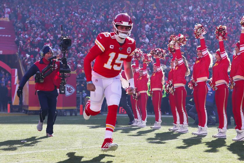 KANSAS CITY, MISSOURI - JANUARY 19: Patrick Mahomes #15 of the Kansas City Chiefs takes the field before the AFC Championship Game against the Tennessee Titans at Arrowhead Stadium on January 19, 2020 in Kansas City, Missouri. (Photo by Tom Pennington/Getty Images)