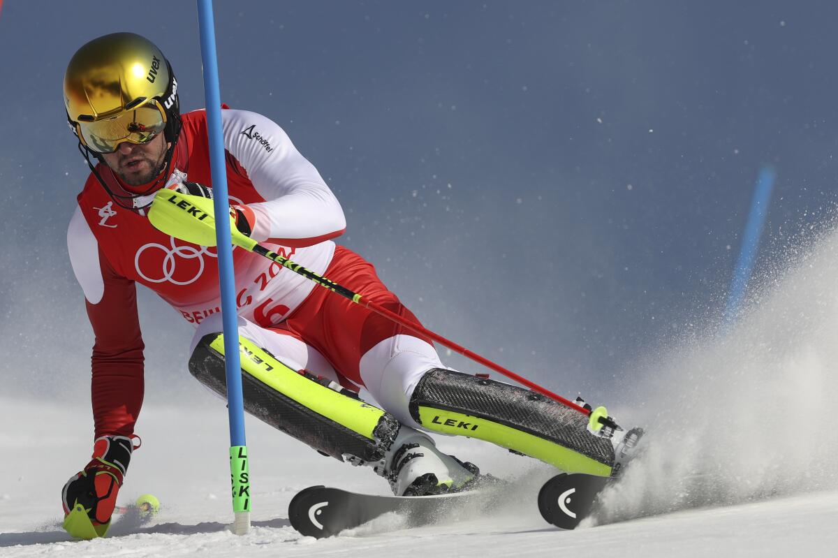 Johannes Strolz passes a gate during the slalom part of the men's combined.