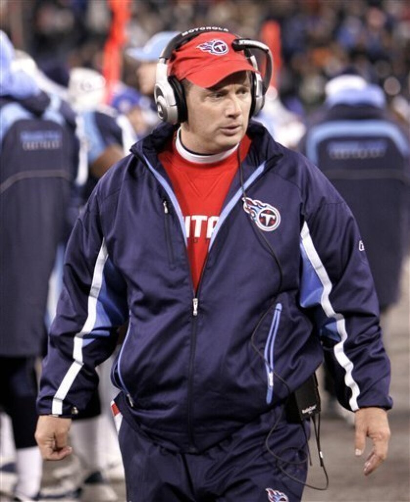 This is a Dec. 23, 2007 file photo showing Tennessee Titans defensive coordinator Jim Schwartz during an NFL football game in Nashville, Tenn. Schwartz traveled to Michigan for a second interview with the Lions, a person familiar with his plans told The Associated Press on Monday Jan. 12, 2009. (AP Photo/Mark Humphrey, File)