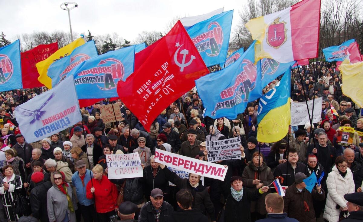Pro-Russian protesters stage a rally in Odessa, Ukraine.