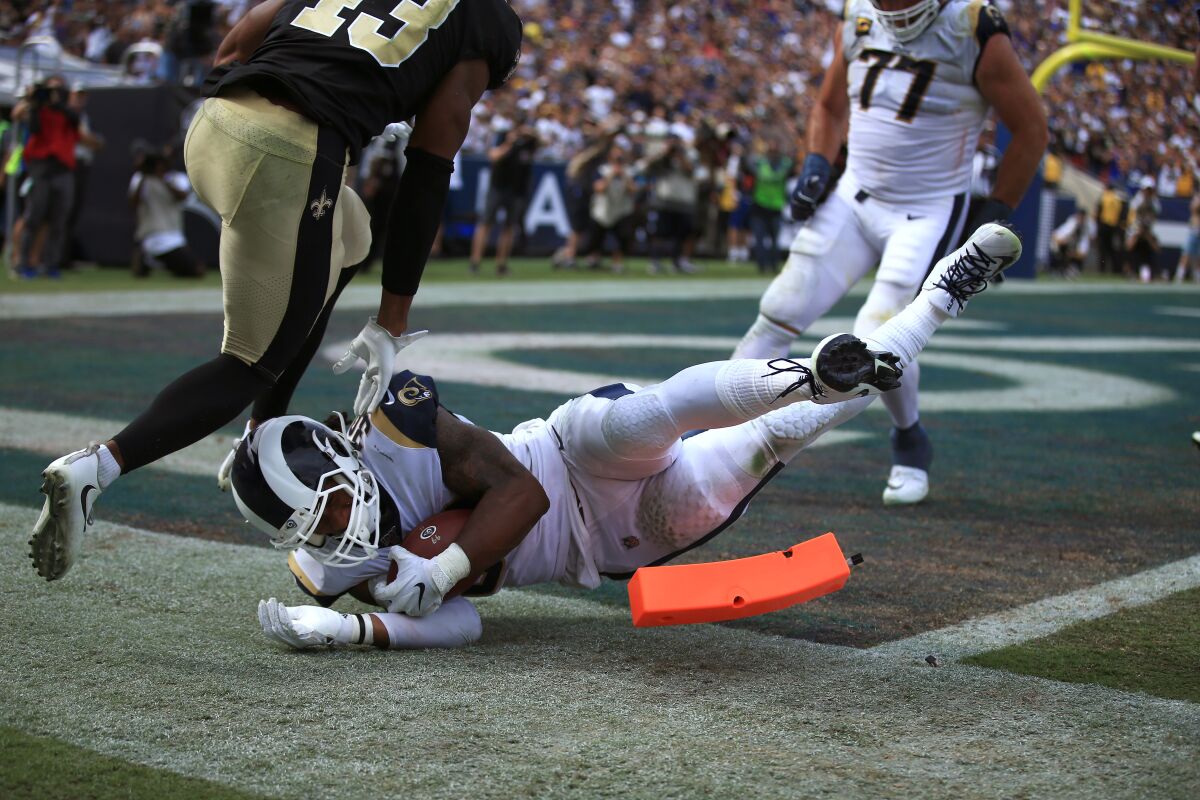 Rams running back Todd Gurley scores a touchdown during the third quarter of Sunday's win over the Saints.