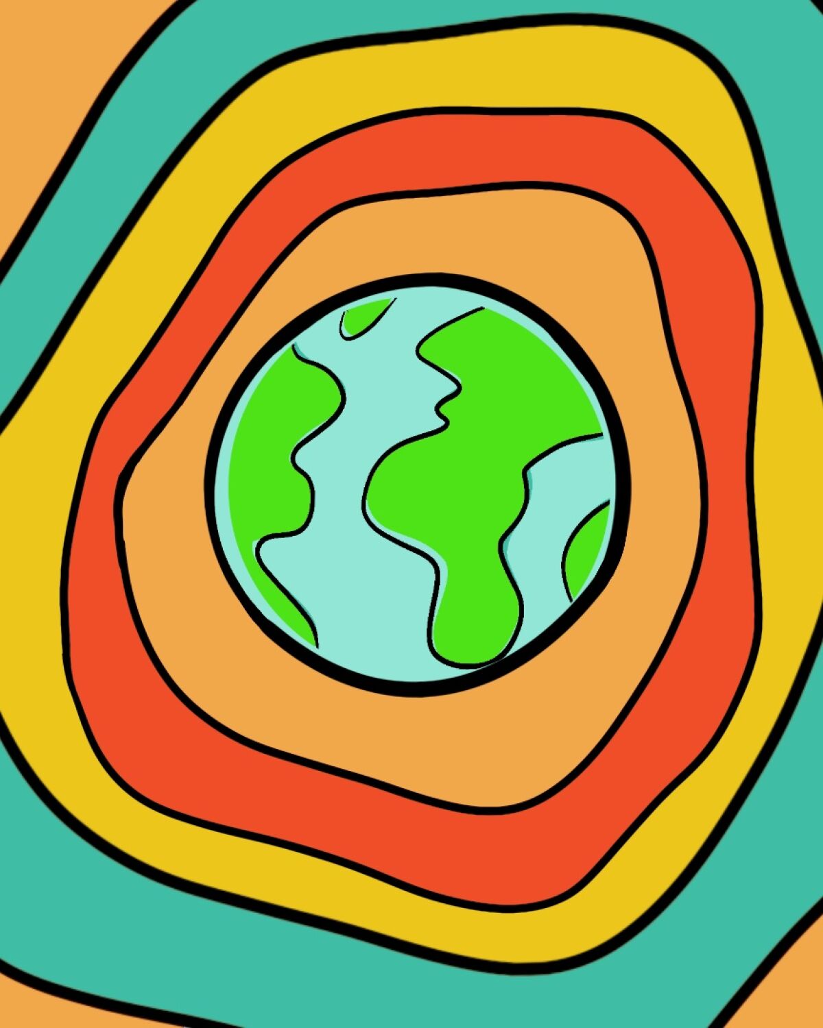 Illustration of earth surrounded by streams of colors.