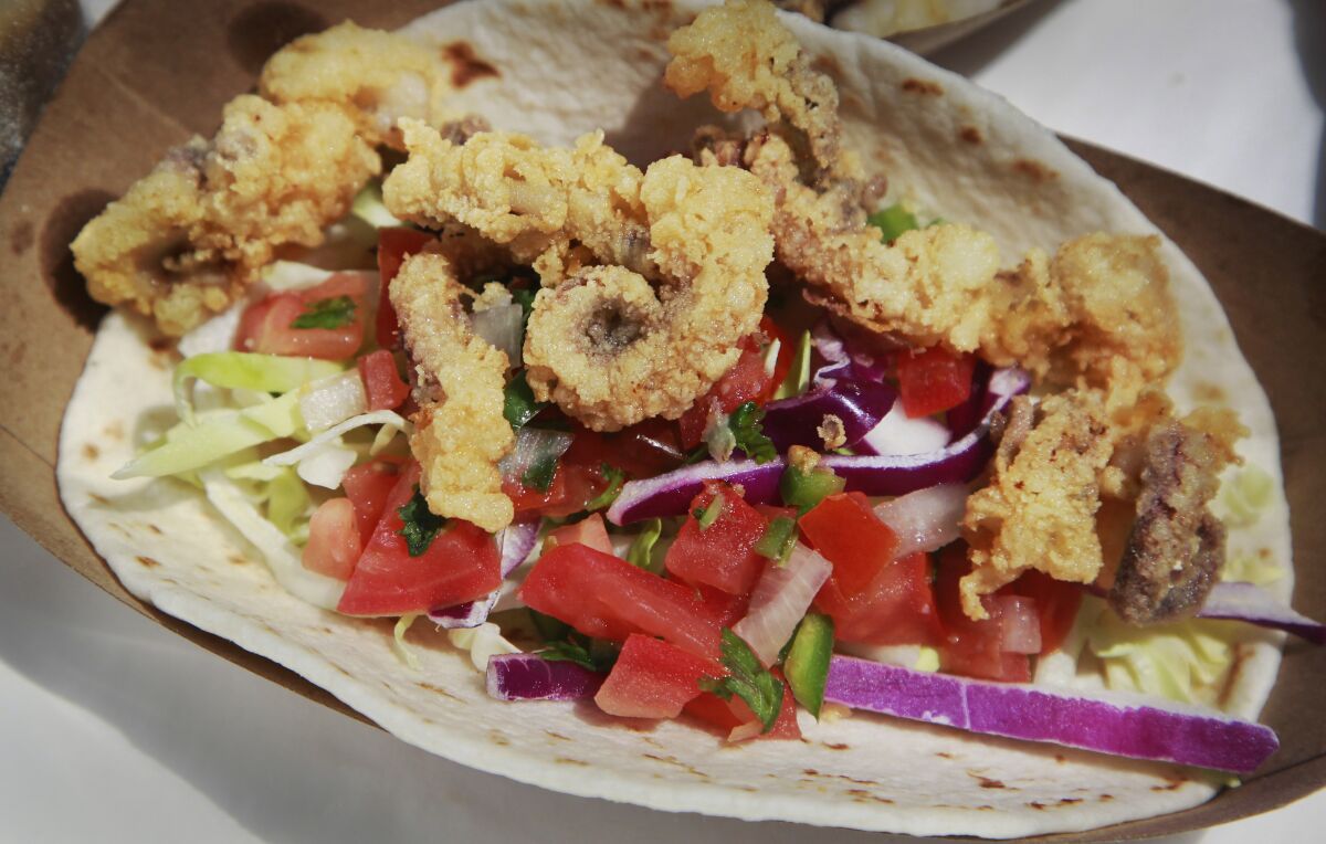 Reno's Fish and Chips' octopus taco on display at the press preview for this year's "Wizard of Oz"-themed San Diego County Fair on Tuesday in Del Mar.