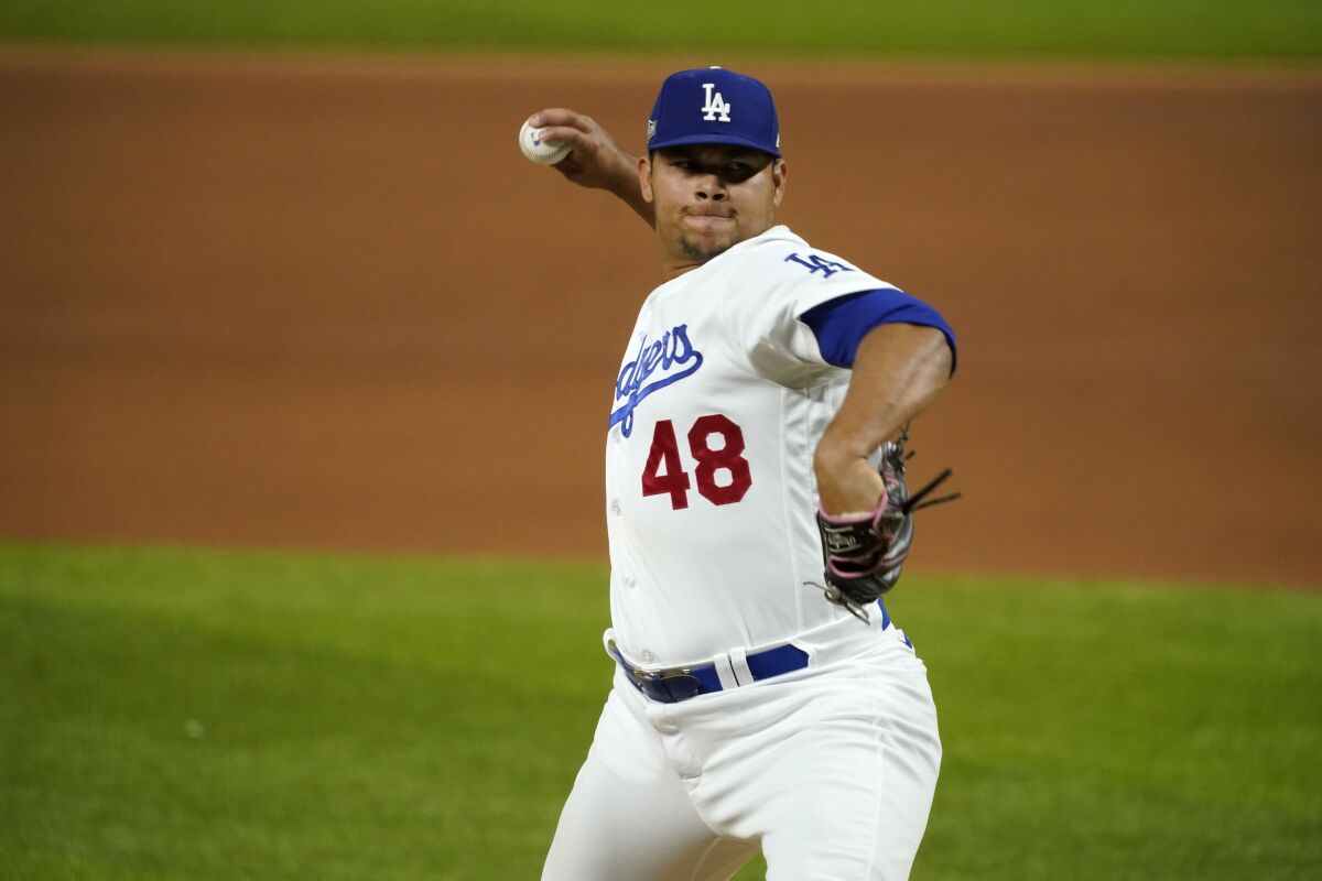 Los Angeles Dodgers starting pitcher Brusdar Graterol (48) throws to the San Diego Padres.