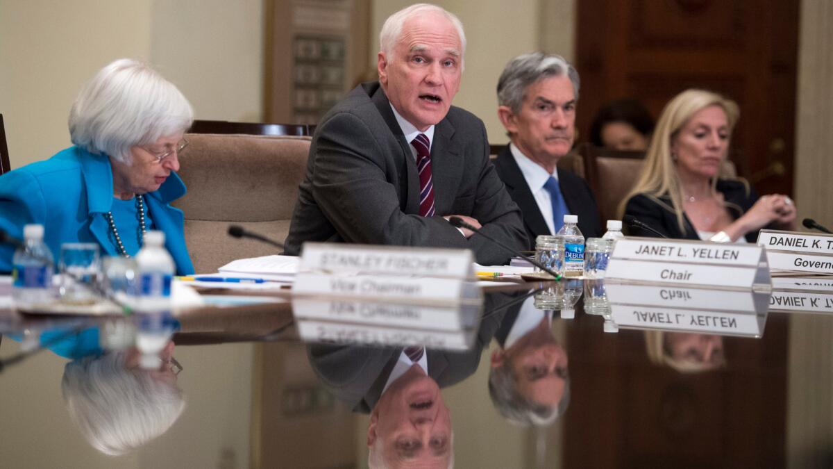 Federal Reserve Chairwoman Janet L. Yellen, left, and board members Daniel Tarullo, Jerome Powell and Lael Brainard at a Fed Board of Governors meeting on May 3.