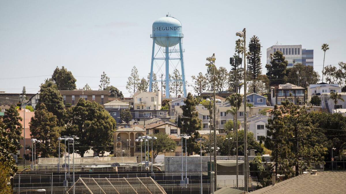 El Segundo's water tower looms over a neighborhood. The Los Angeles Times will soon move from DTLA to the seaside city.
