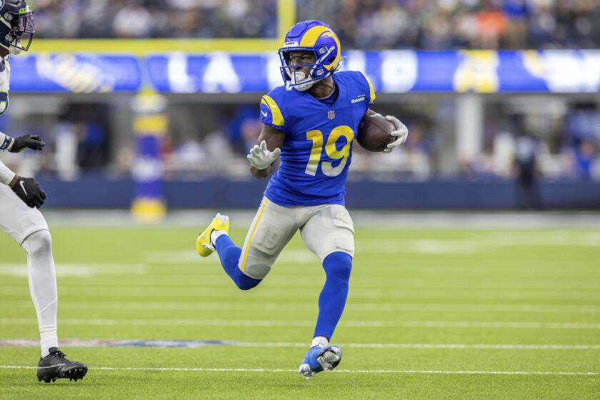 Los Angeles Rams wide receiver Brandon Powell (19) runs the ball against the Seattle Seahawks in an NFL football game, Sunday, Dec. 4, 2022, in Inglewood, Calif. Seahawks won 27-23. (AP Photo/Jeff Lewis)