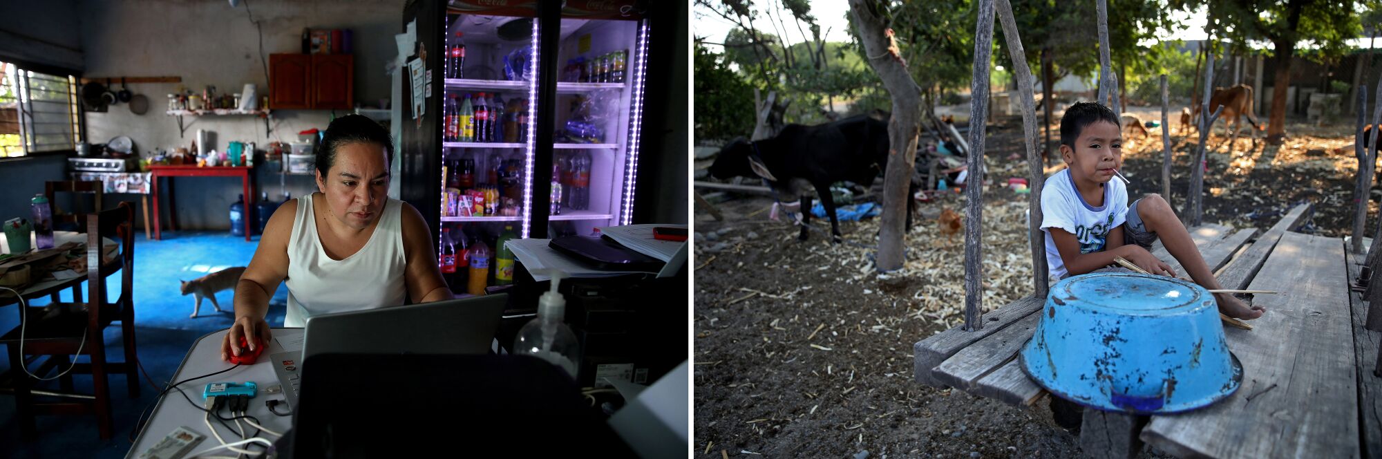 Two photos show a woman and a little boy at their homes.