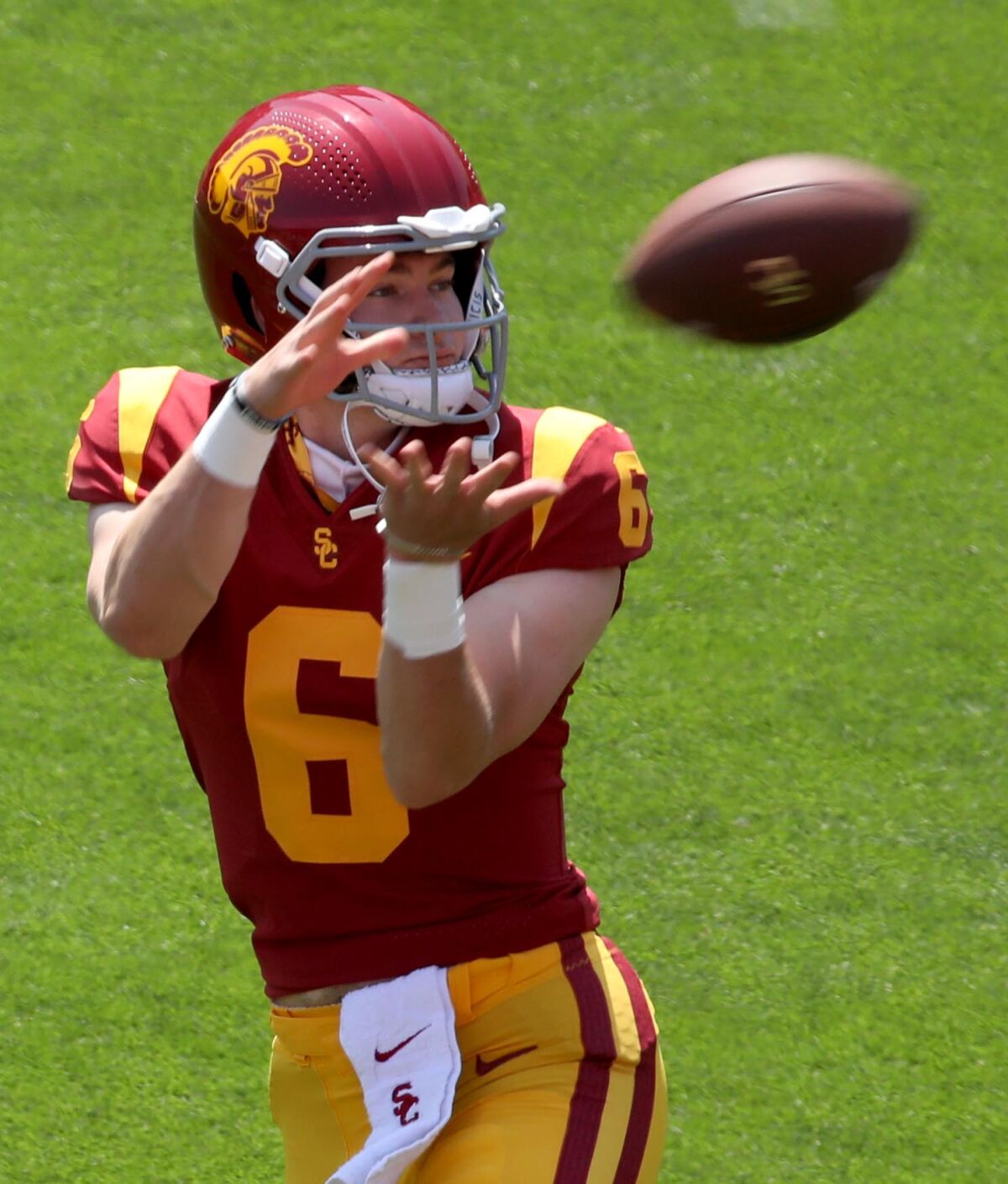 USC quarterback Miller Moss catches during USC's Spring Football Game.