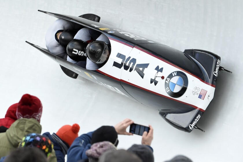 Hunter Church, Josh Williamson, James Reed and Kris Horn compete at the 2020 bobsled world championships.