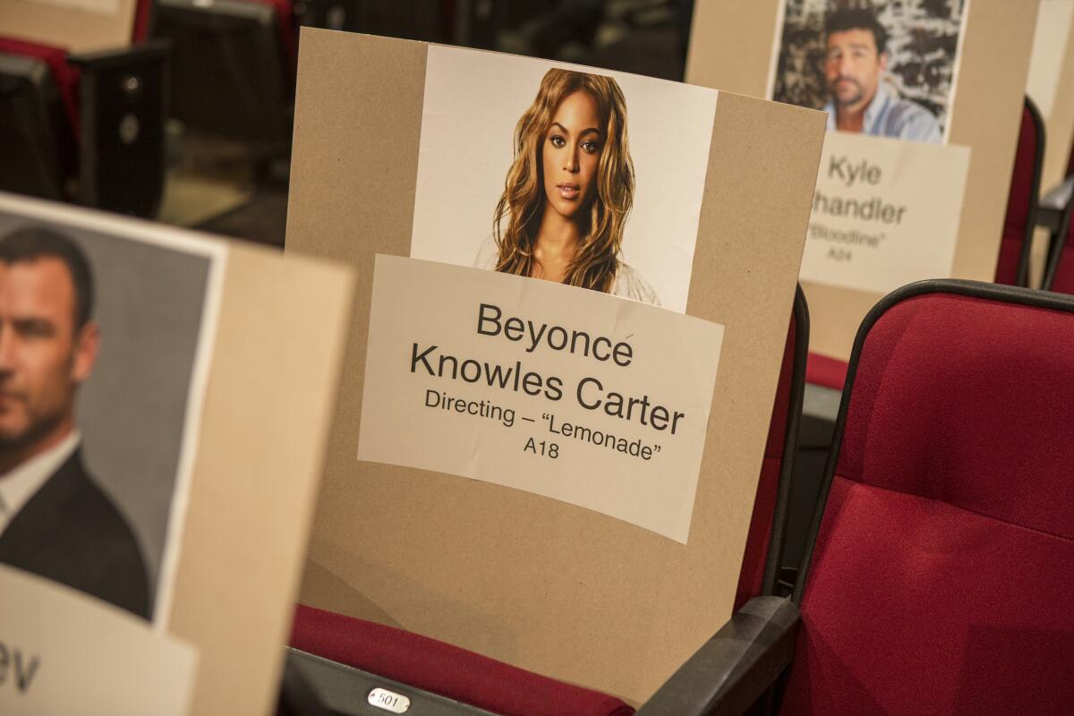 Seat cards await the stars who will attend the Emmy Awards.