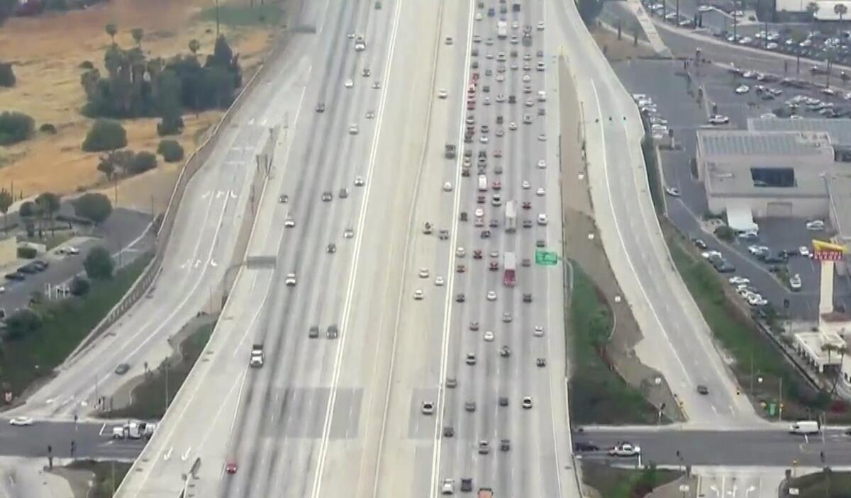 Aerial view of the 91 Freeway looking west from Auto Center Drive in Corona