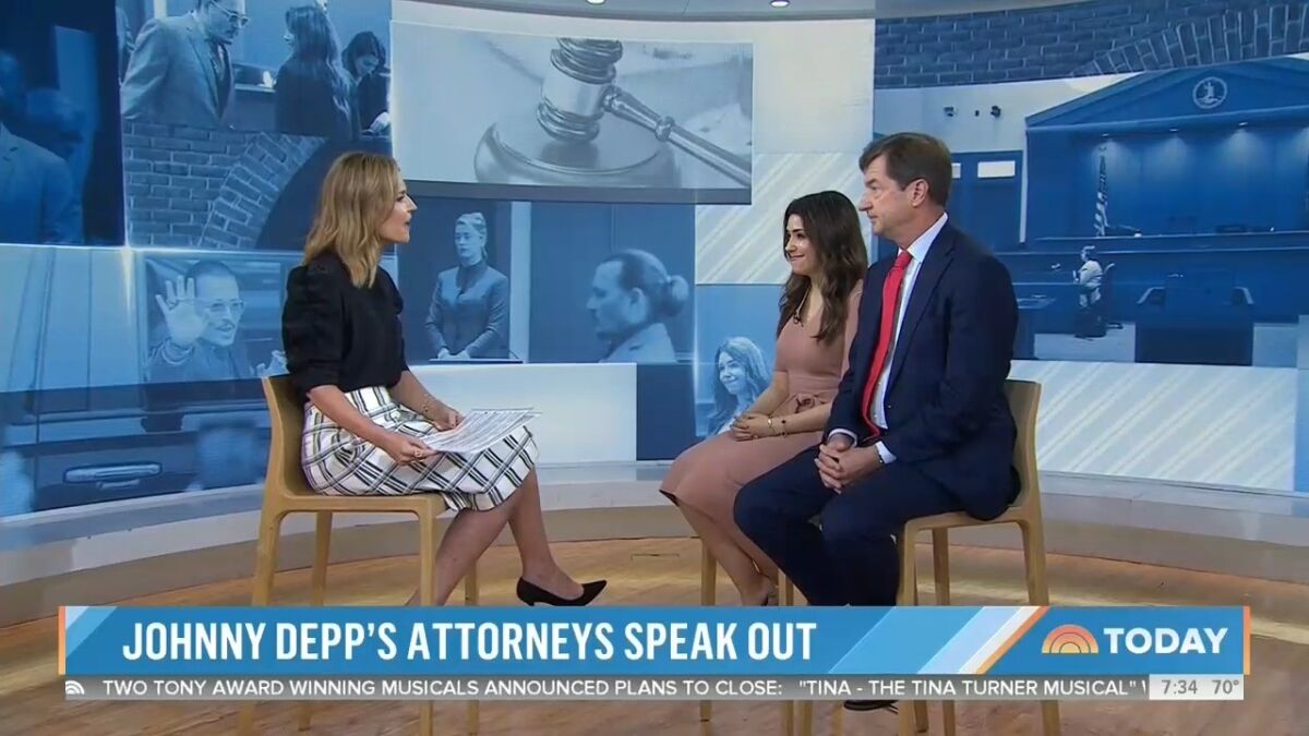 A woman interviews a female attorney and a male attorney on TV