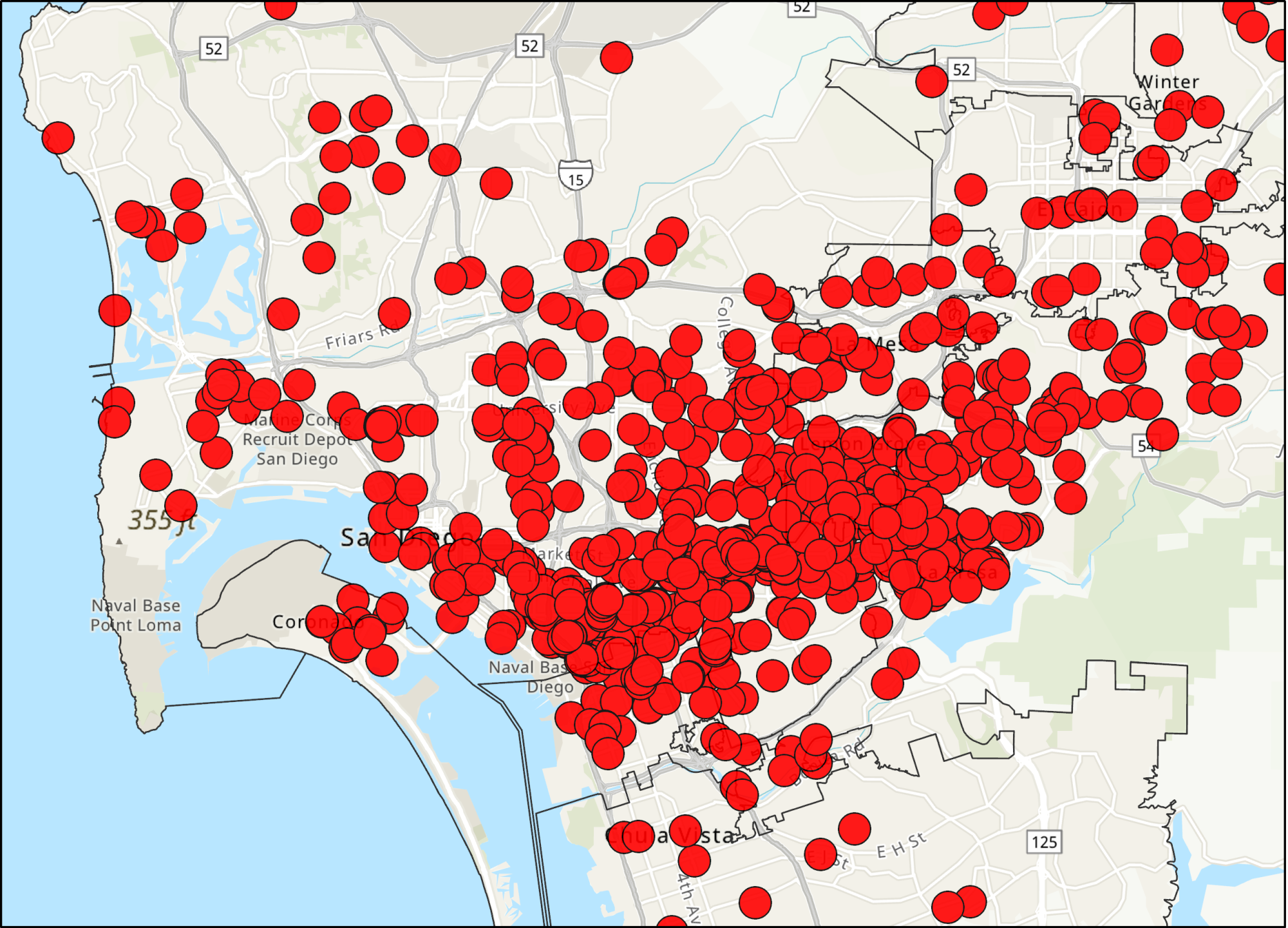 Each dot represents a location where damage from Monday’s storm 