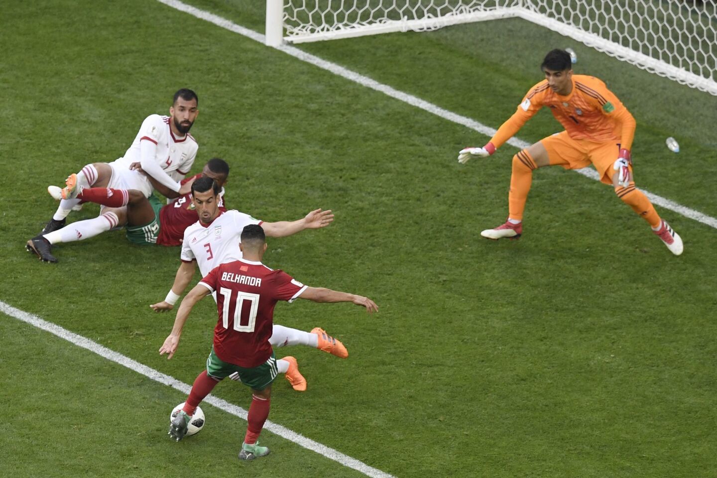 Morocco's midfielder Younes Belhanda (down) attempt to scores a goal during the Russia 2018 World Cup Group B football match between Morocco and Iran at the Saint Petersburg Stadium in Saint Petersburg on June 15, 2018. / AFP PHOTO / GABRIEL BOUYS / RESTRICTED TO EDITORIAL USE - NO MOBILE PUSH ALERTS/DOWNLOADSGABRIEL BOUYS/AFP/Getty Images ** OUTS - ELSENT, FPG, CM - OUTS * NM, PH, VA if sourced by CT, LA or MoD **