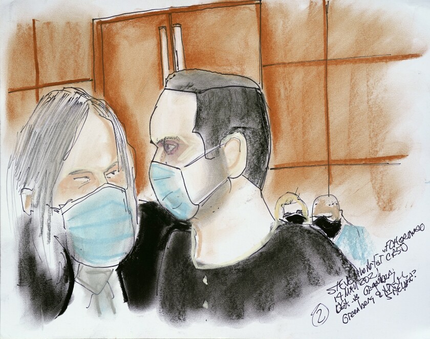 This artist rendering shows Joel Greenberg, right, and his attorney Fritz Scheller, left, during a hearing in federal court.