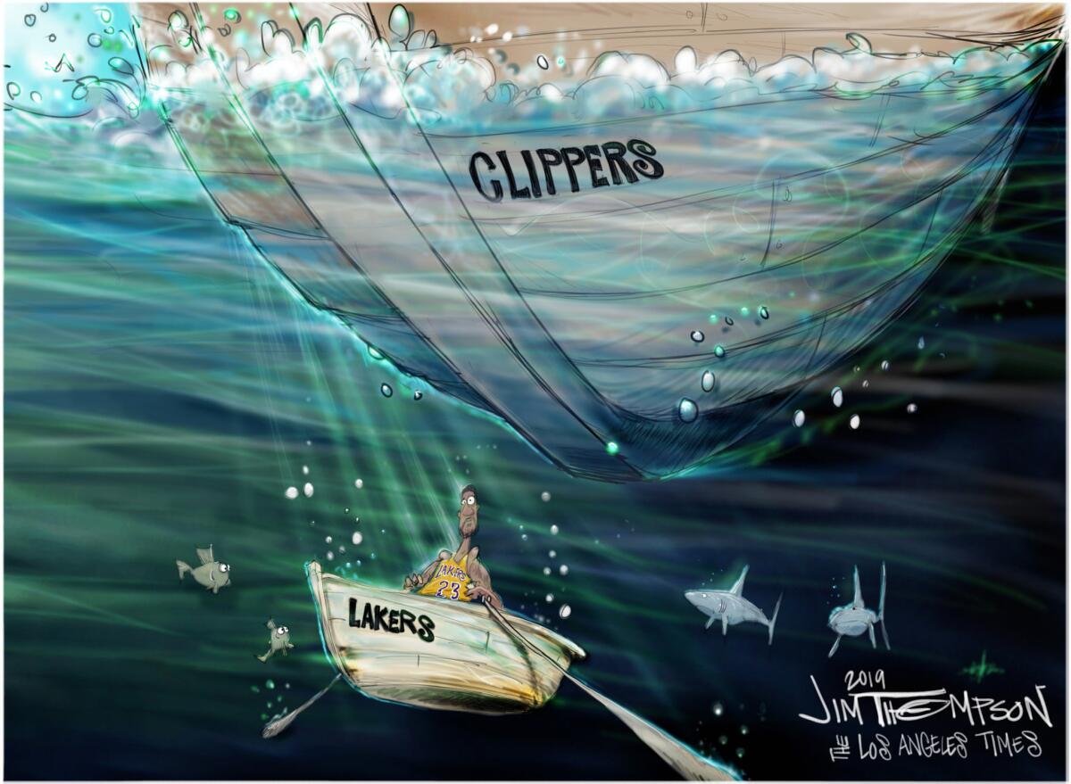 Cartoon of Clippers sinking the Lakers boat with LeBron James in it.