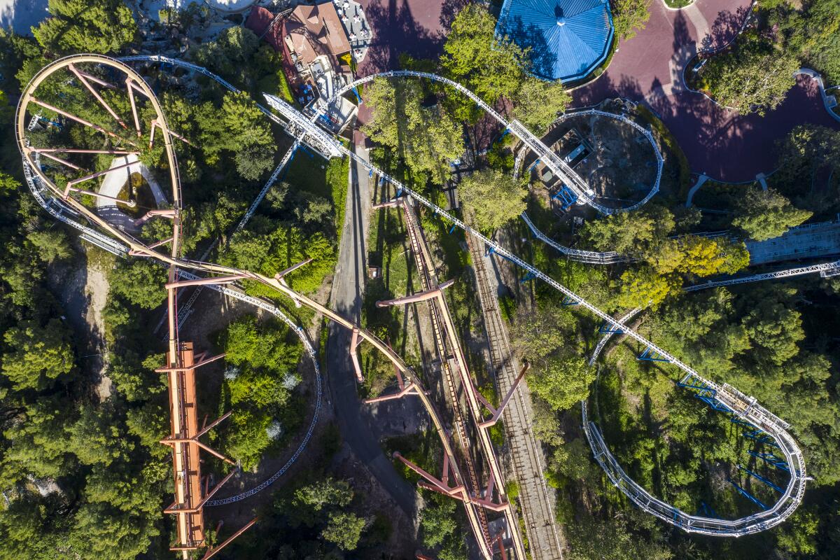 Aerial views of the New Revolution and Tatsu at Six Flags Magic Mountain, closed due to the Covid-19 pandemic. 