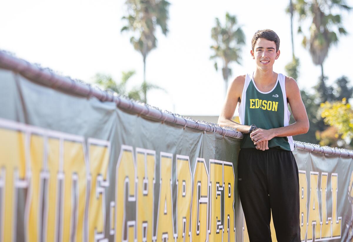 Edison's August Garcia knocked 16 seconds off his three-mile personal record in the Surf League finals on Nov. 2 at Central Park in Huntington Beach. The senior finished fourth with a time of 15:53.1.
