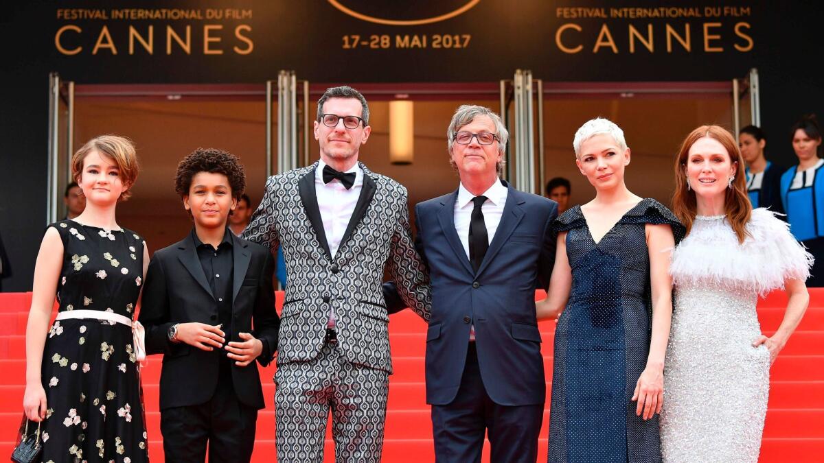 At the Cannes' "Wonderstruck" screening, from left, actress Millicent Simmonds, actor Jaden Michael, writer/screenwriter Brian Selznick, director Todd Haynes, actress Michelle Williams and actress Julianne Moore on May 18, 2017.