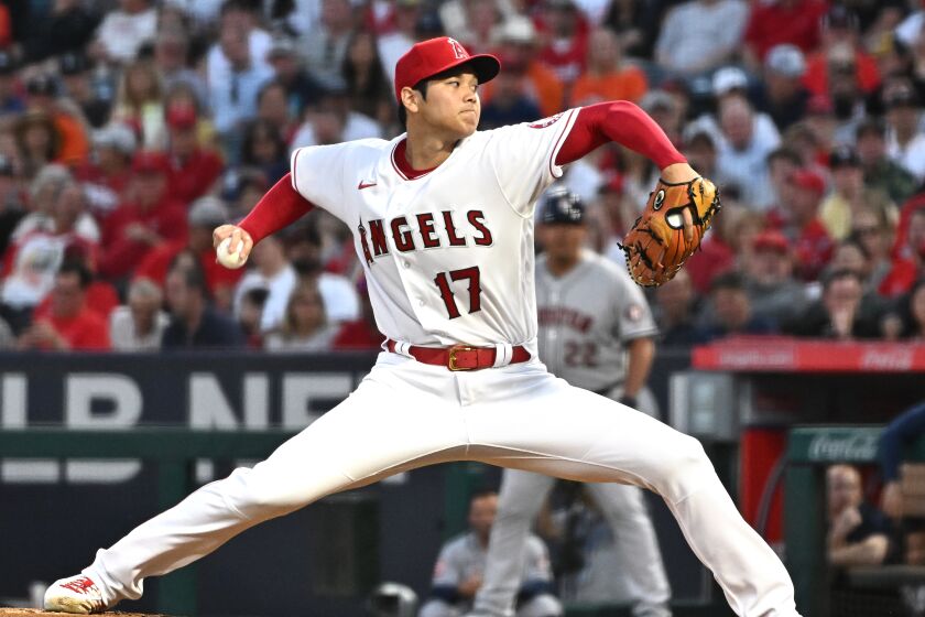 Anaheim, California April 7 2022- Angels pitcher Shohei Ohtani throws a pitch.