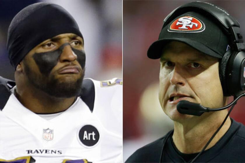 Baltimore Ravens linebacker Ray Lewis, left, registered his first NFL sack against Jim Harbaugh in 1996, when the current San Francisco 49ers coach was quarterback for the Indianapolis Colts.