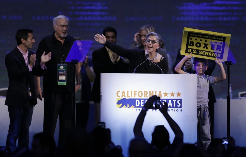 U.S. Sen. Barbara Boxer addresses the California Democratic Party convention in San Jose on Saturday. Boxer will retire after the November election.