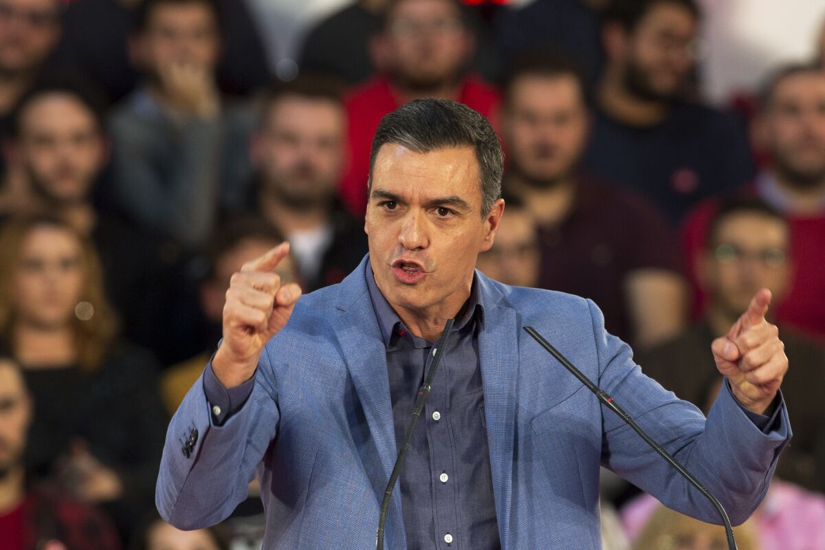 FILE - In this Friday, Nov. 8, 2019, file photo, Spain's caretaker Prime Minister and socialist candidate Pedro Sanchez makes a speech during the last day of campaign rallies in Alcala de Henares, Spain. Sanchez's Socialists won Spain's national election on Sunday but large gains by the upstart far-right Vox party appear certain to widen the political deadlock in the European Union’s fifth-largest economy. (AP Photo/Paul White, File)
