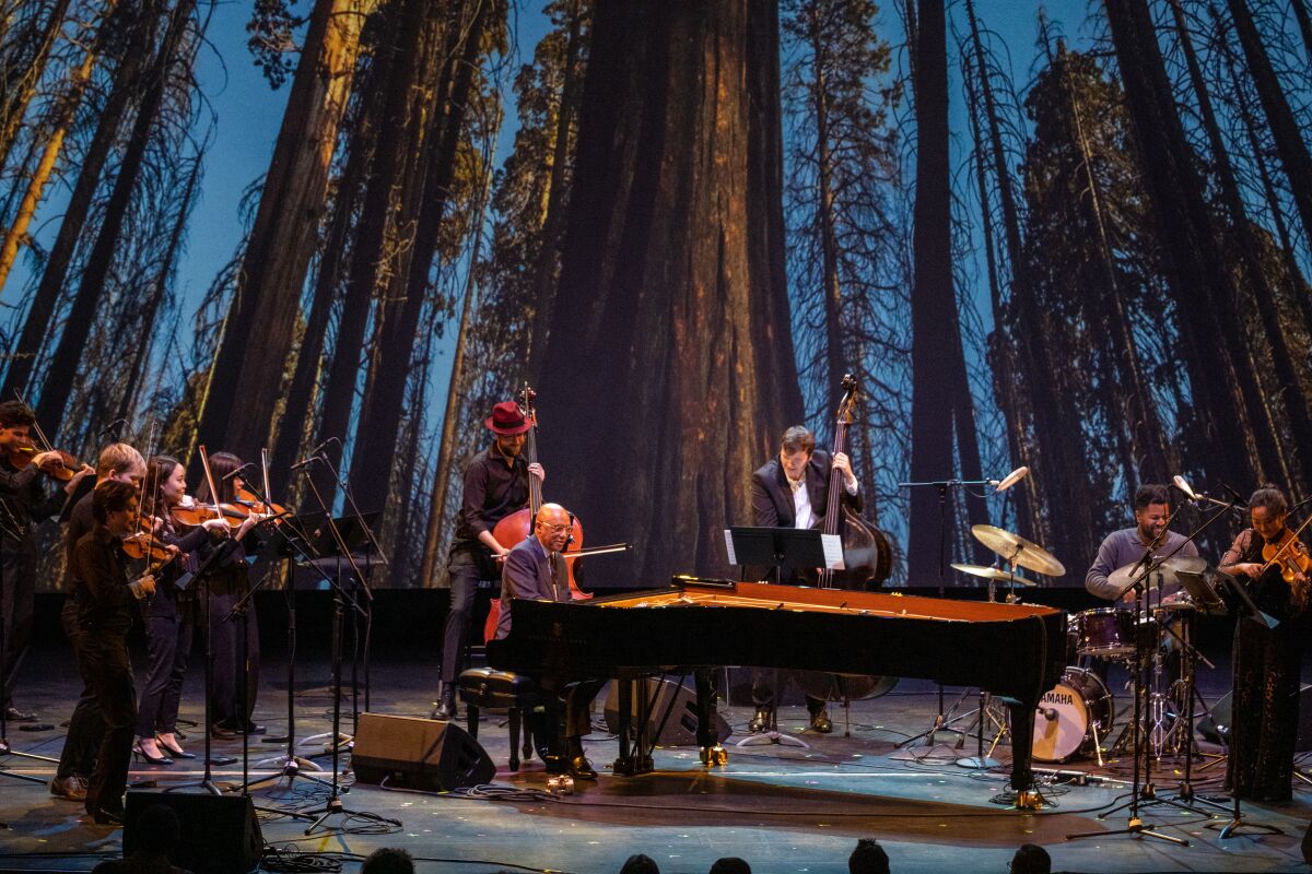 Musicians surround a piano with a backdrop of Max Whittaker's photographs of trees.