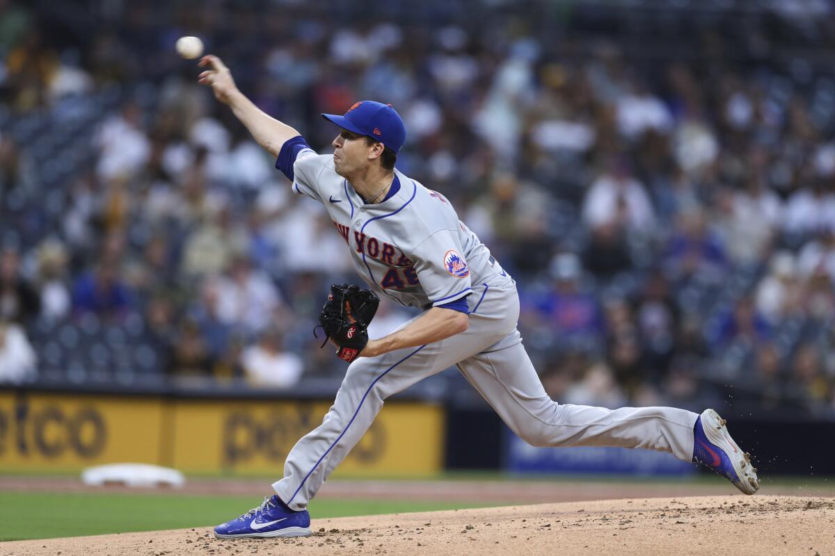 New York Mets starting pitcher Jacob deGrom delivers a pitch in the first inning of the team's baseball game against the San Diego Padres on Saturday, June 5, 2021, in San Diego. (AP Photo/Derrick Tuskan)