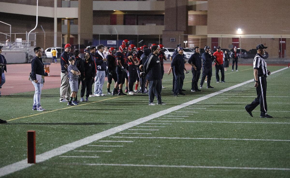 The sidelines of the Glendale football team in a Pacific League football game against Arcadia at Glendale High School on Thursday, October 3, 2019. Last week, due to injuries, the team did not have enough players to field a team.