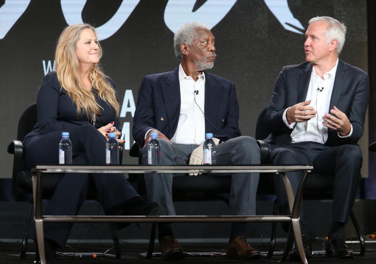 Lori McCreary, Morgan Freeman and James Younger speak at at the Television Critics Association Press Tour on Jan. 6, 2016.