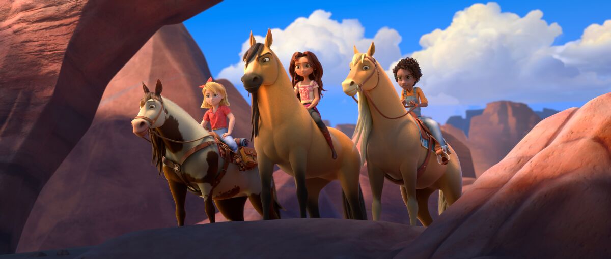 A CGI-animated image of a girls on horses