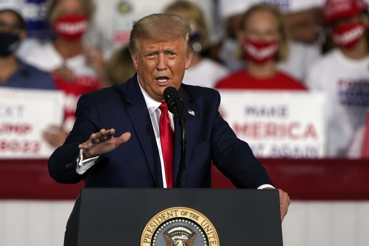 President Donald Trump speaks at a campaign rally Tuesday, Sept. 8, 2020, in Winston-Salem, N.C. (AP Photo/Chris Carlson)