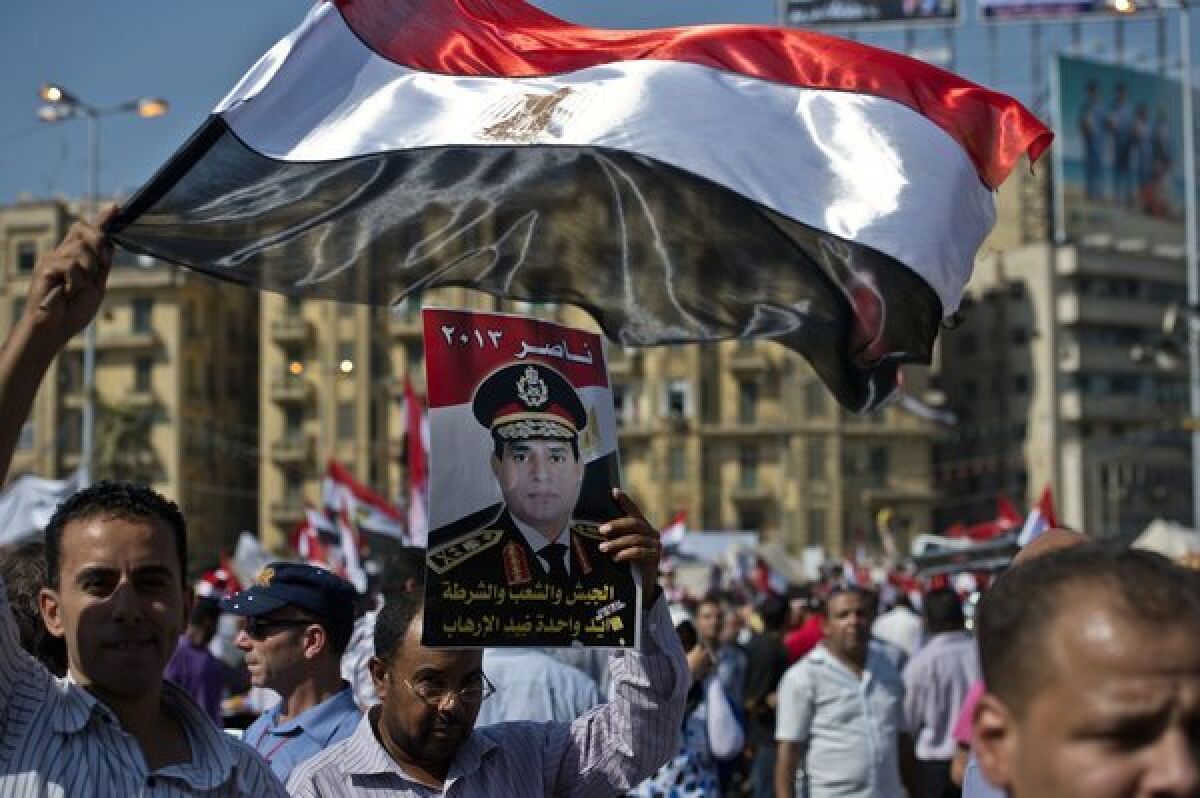 Supporters of army chief General Abdel Fattah Sisi carry his portrait and wave the Egyptian flag in Cairo's Tahrir Square.