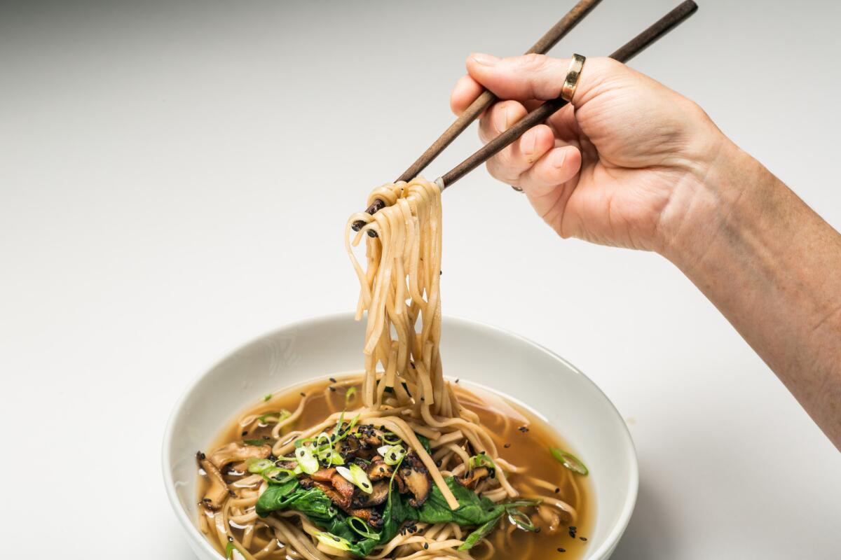 Udon noodles made with tea broth, photographed in the Los Angeles Times Test Kitchen on May 13, 2015.