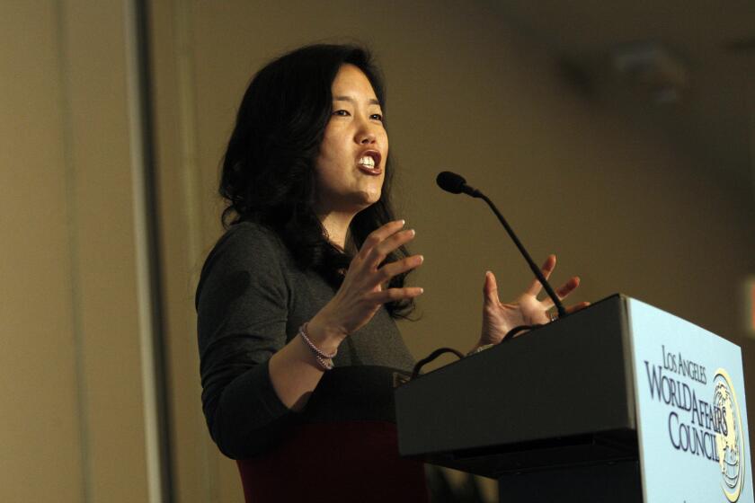 Michelle Rhee gives a speech in Los Angeles last year. She is stepping down as head of StudentsFirst, an education advocacy group that pushes for teacher evaluation systems that are based largely on student performance.