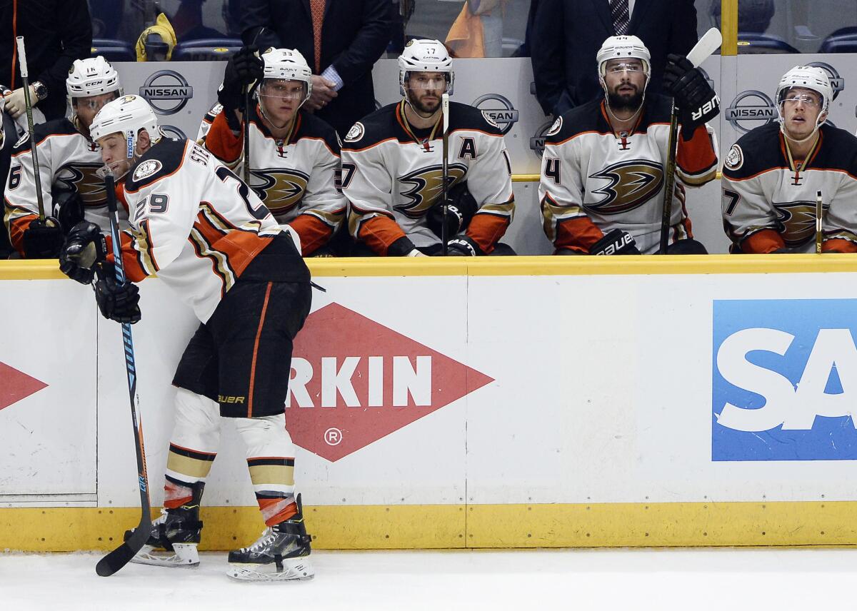 Ducks right wing Chris Stewart (29) stands by the bench after the Predators won 3-1 in Game 6 to force a winner-take-all game in Anaheim on Wednesday.