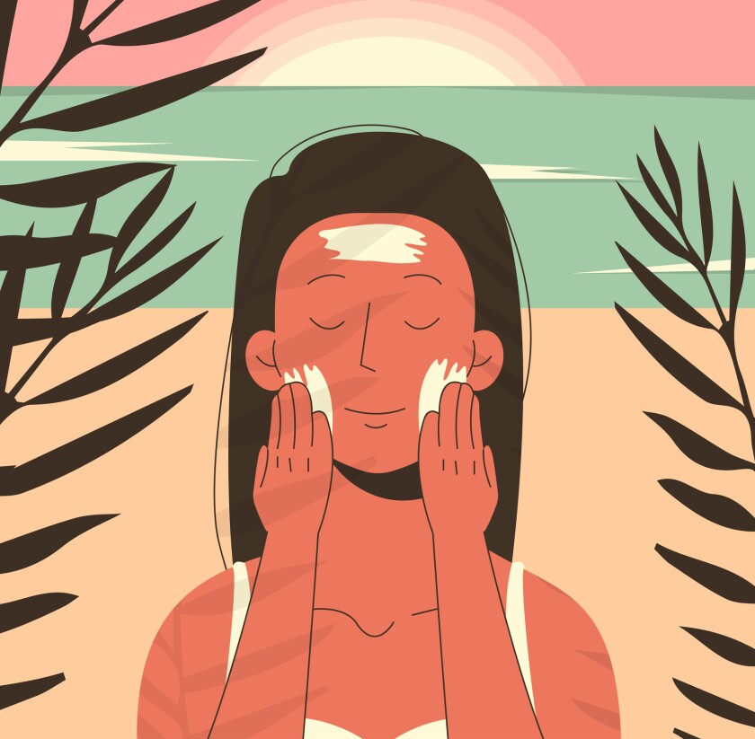 Illustration of woman applying sunscreen to skin for sun protection.