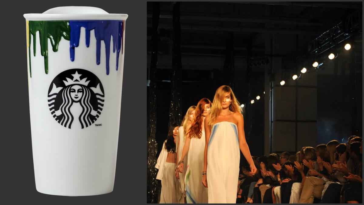 At left, a limited-edition coffee mug by Band of Outsiders for Starbucks($14.95) At right, the runway finale from Band of Outsiders' spring and summer 2013 women's runway show