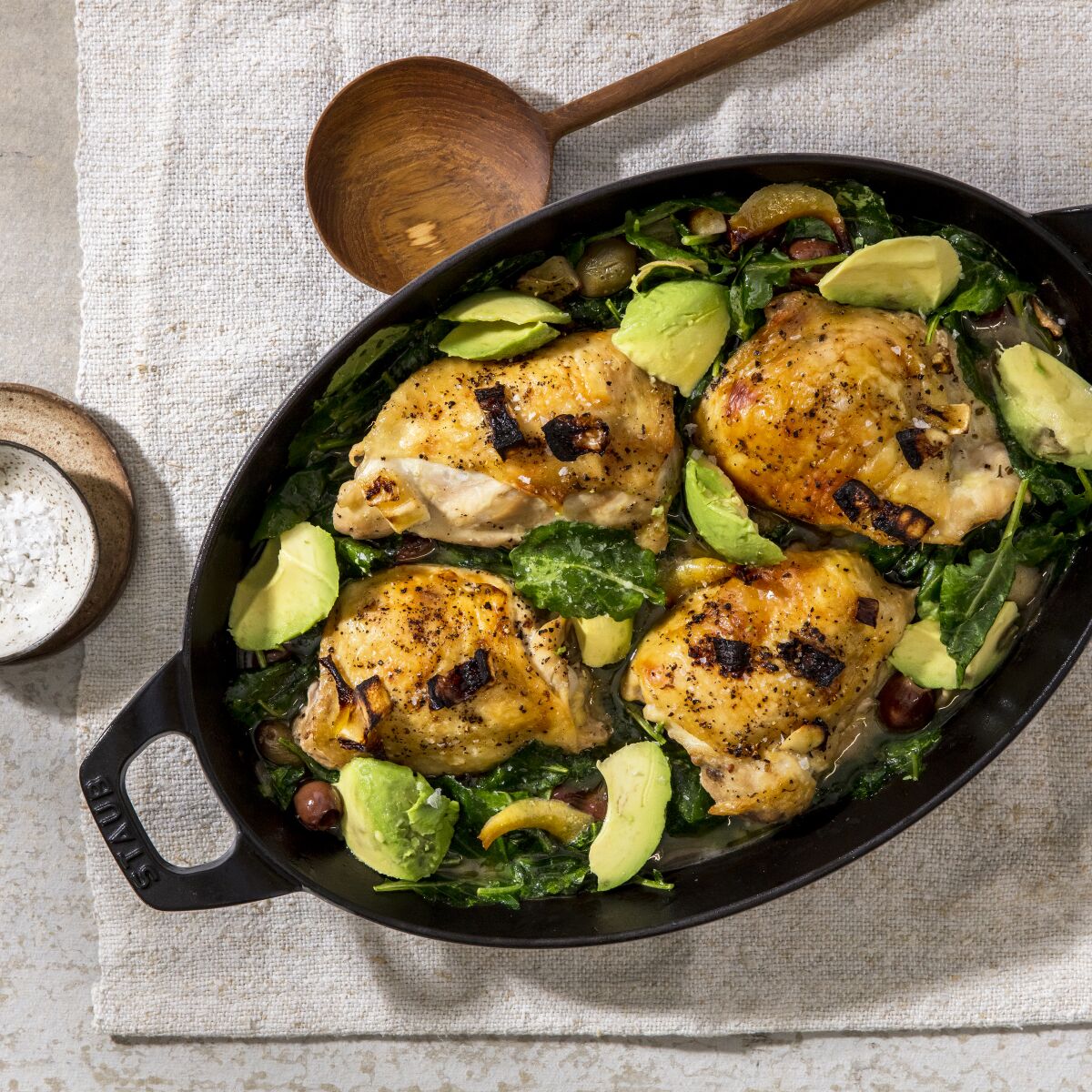 A keto recipe for Ben Mims' cooking series, an olive-brine baked chicken with kale and avocado