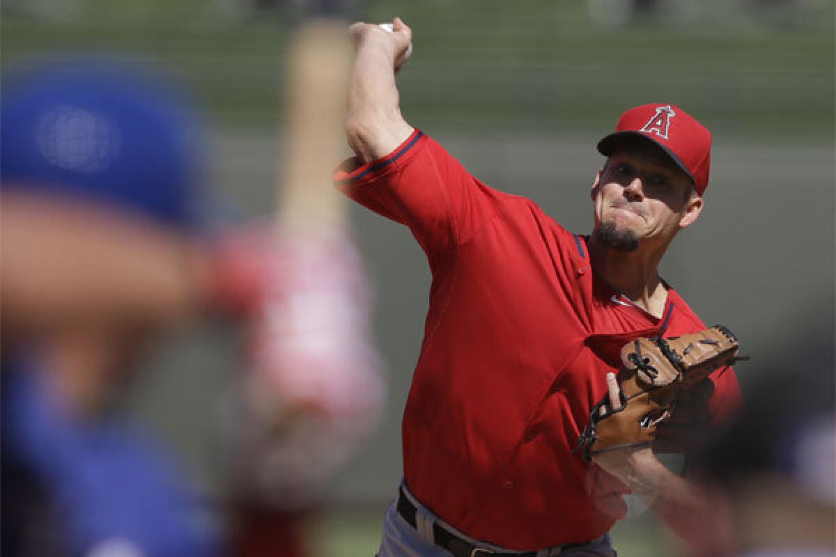 Angels pitcher Joe Blanton threw five scoreless innings against the Texas Rangers, allowing one hit, striking out five and walking none.