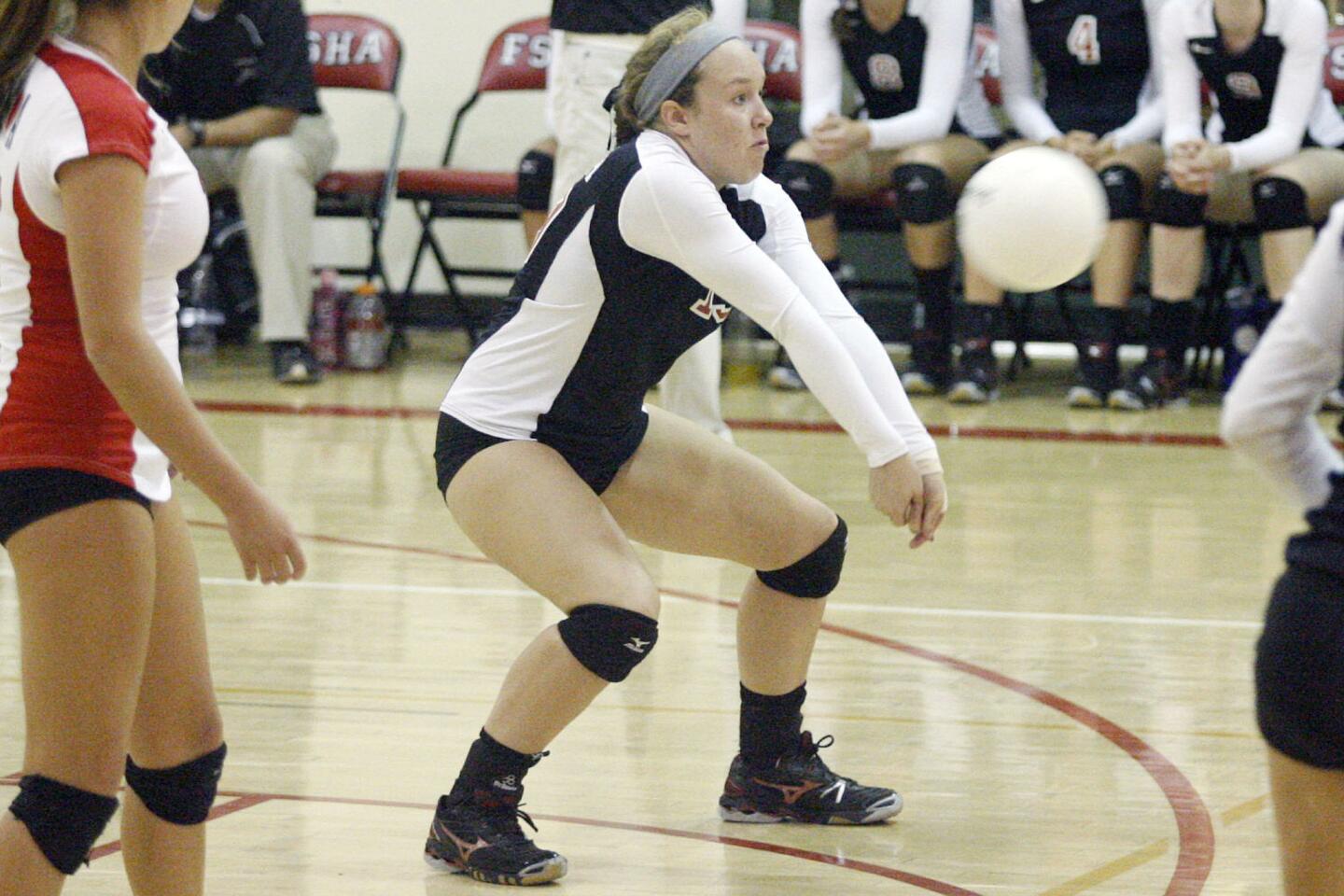 FSHA's Dana Carney hits the ball during a match against Harvard-Westlake at FSHA in La Canada l on Tuesday, October 2, 2012.