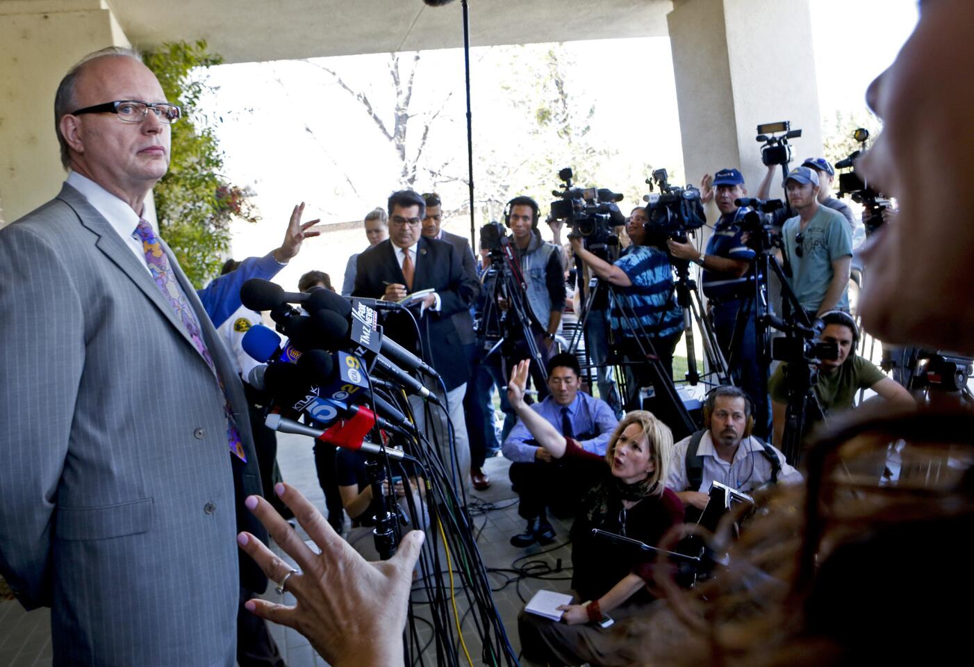 Los Angeles County Sheriff's Lt. David Thompson held a news conference at the Lost Hills Sheriff's Station in Agoura Hills after a search warrant was served at Justin Bieber's home in Calabasas on Jan. 14, 2014. Bieber allegedly threw eggs at his neighbor's home on Jan. 9.